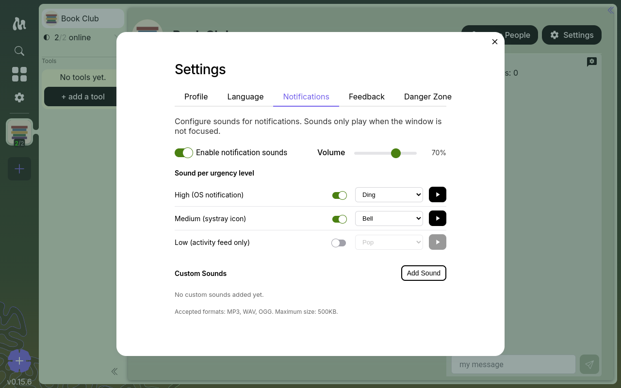 The Notifications tab in Moss Settings
